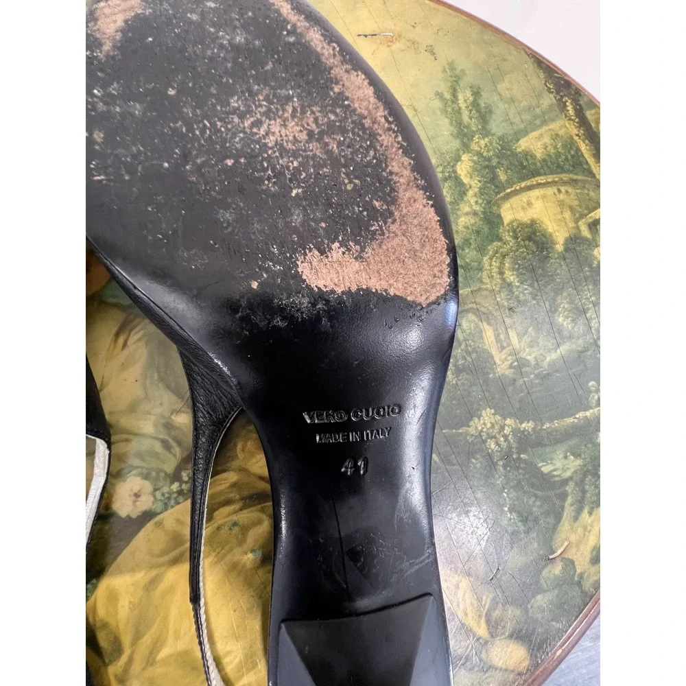 Vintage Paulette Black Leather Pointed Toe Lace Up Slingback Kitten Heels 41